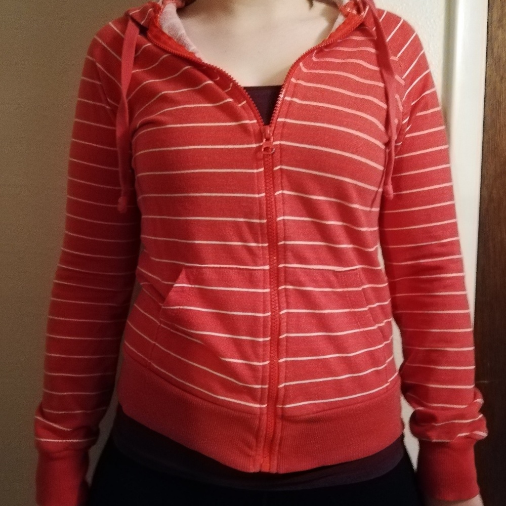 Zip up red striped hoodie